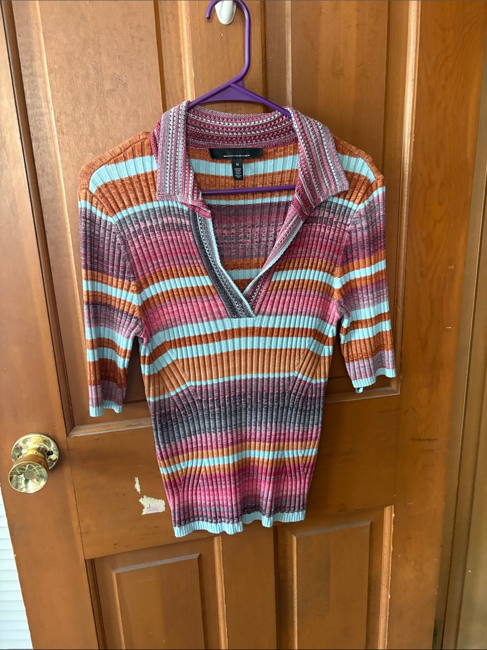 Express Striped Ribbed Polo Sweater in Pink, Rust & Light Blue